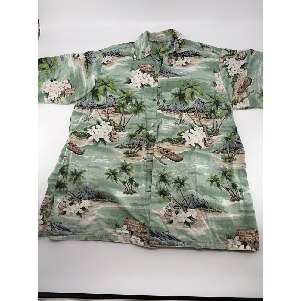 Go Barefoot Hawaiian Shirt Mens‎ Medium M Green Palm Trees Scenic USA